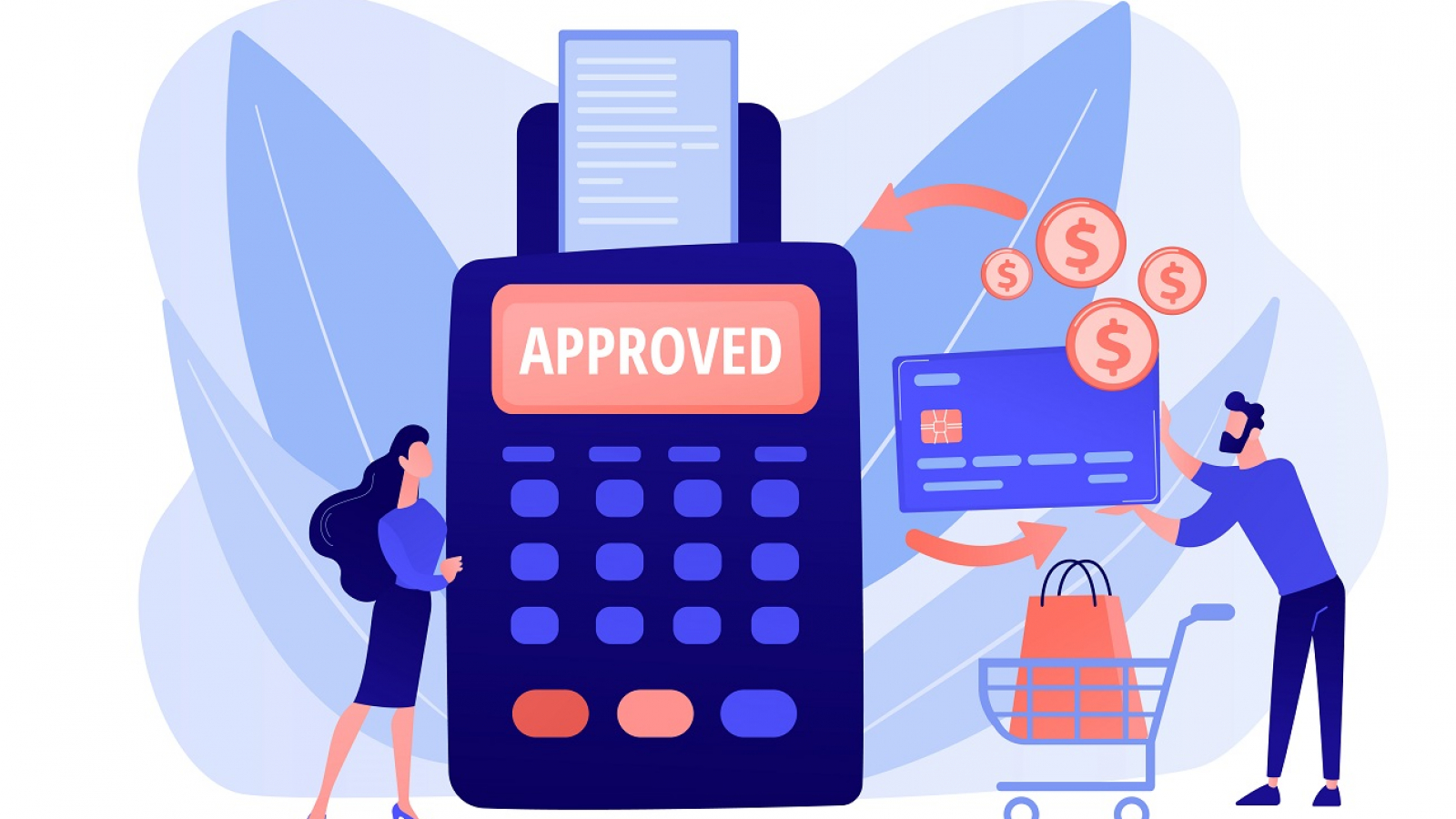 Money transfer. Financial services. POS terminal. Online shopping. Payment processing, easy payment systems, digital payment service concept. Pink coral blue vector isolated illustration