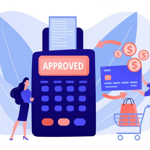 Money transfer. Financial services. POS terminal. Online shopping. Payment processing, easy payment systems, digital payment service concept. Pink coral blue vector isolated illustration