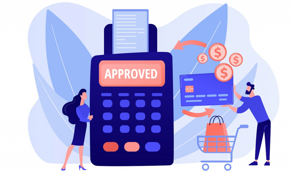 Money transfer. Financial services. POS terminal. Online shopping. Payment processing, easy payment systems, digital payment service concept. Pink coral blue vector isolated illustration